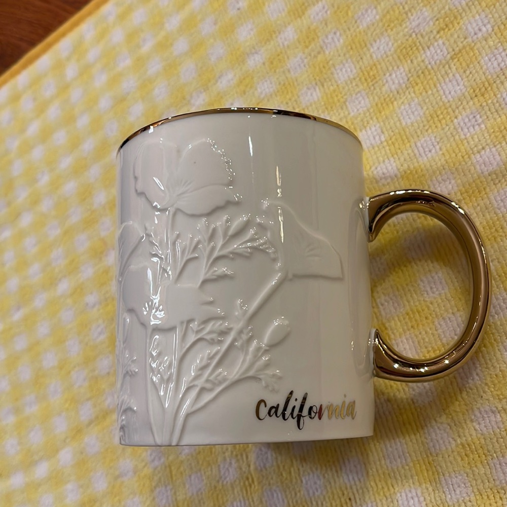 Designer’s mug. California gold poppy flower white mug 4” tall , 3.5” diameter